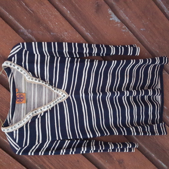 Tory Burch Navy Silk Striped Rhinestone Embellished Shirt Blouse - Picture 4 of 7